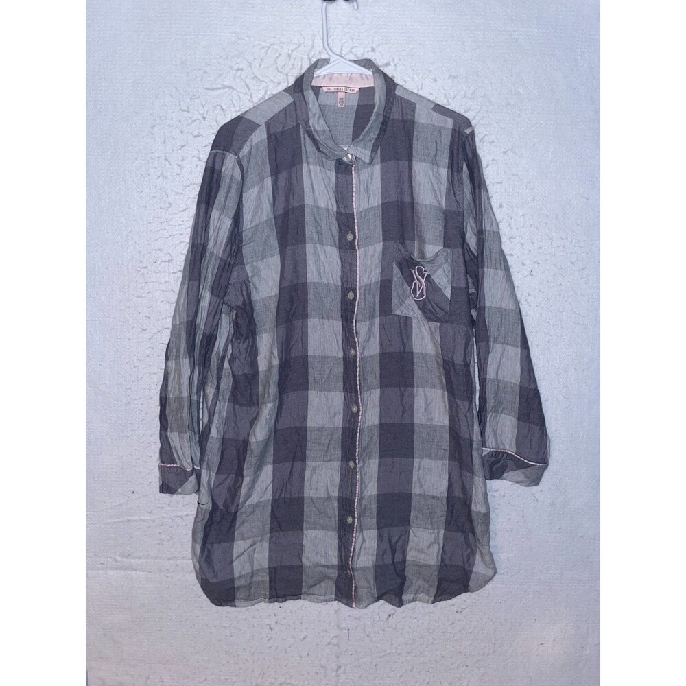 Victoria Secret Sleep Shirt Flannel long gown womens L Gray plaid Button Front